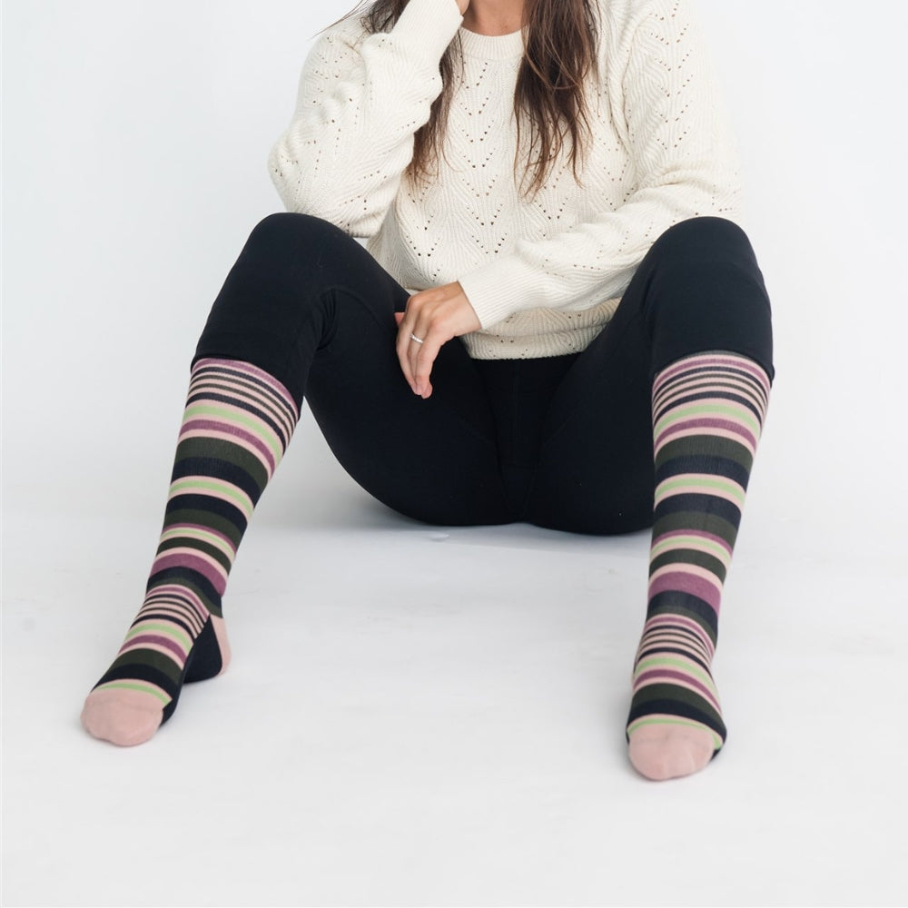 Stripe Black + Pink Cotton Compression Socks